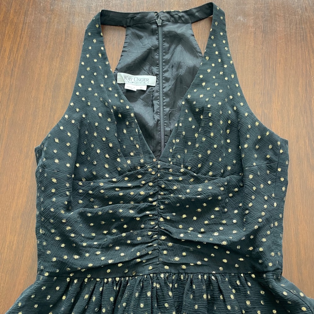 Kay Unger Vintage Cocktail 6 Black Gold Silk Polka Dot Halter Elegant Glam‎